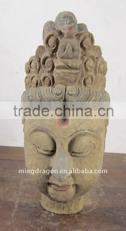 Antique Chinese Wooden Hand Carved Buddha Head Sculpture
