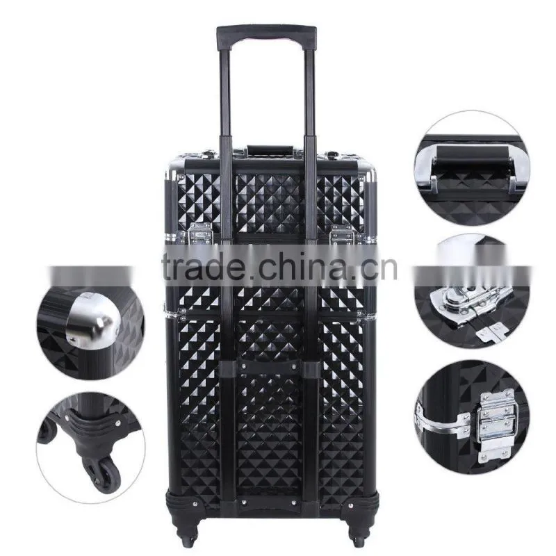 Aluminum Rolling Makeup Case 2 in 1 Cosmetic Artist Train Case Beauty Salon Organizer 4 Wheels Lift Handle