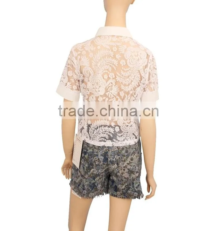 2015 short sleeve ladies tops women white lace blouse
