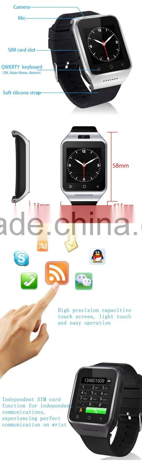S8 3G Smart Watch 1.54"Android 4.4 MTK6572 Dual Core Smart Electronic watch WCDMA GSM With Email GPS WIFI