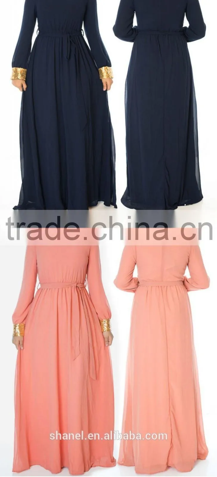 Muslim gold sequins chiffon abaya dress loose long sleeve dubai islamic kaftan