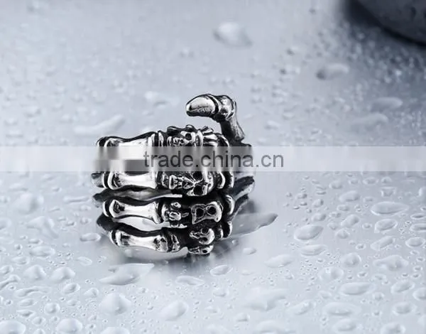 mens Silver Black vintage Skull Hand Bone Gothic 316Lstainless steel ring band