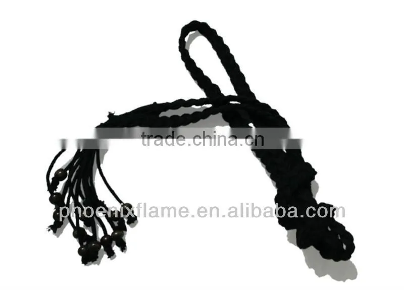 Hand-woven leather belt with wooden bead