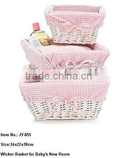 willow White rectangular wicker basket with Pink fabric Lining