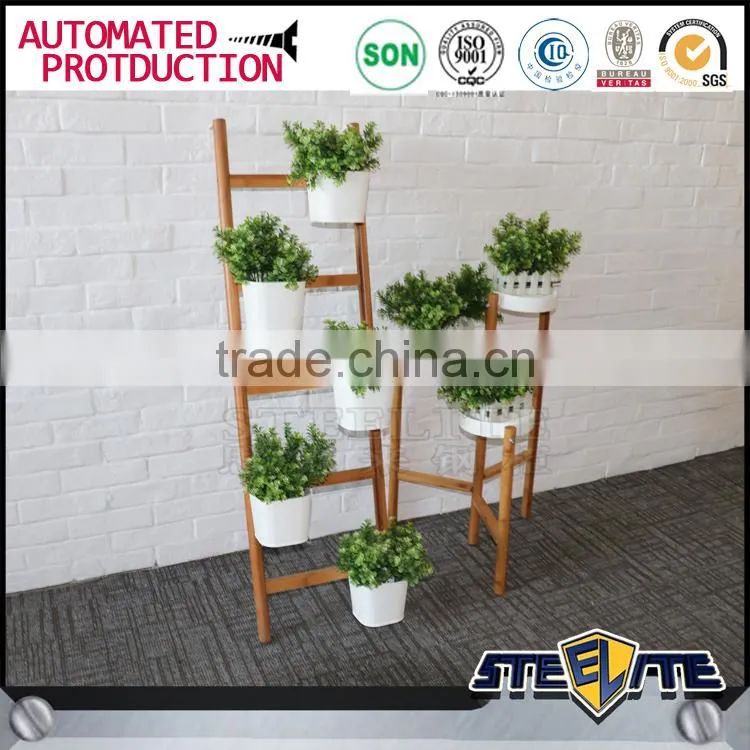 Wooden wall shelf design flowers display shelf with ladder