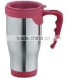 450ml stainless steel inner plastic outer steel vacuum cup/auto mug/Travel mugs/coffee cup with handle and lid