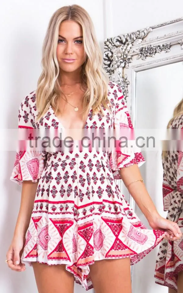2016 Woman Clothes designer Chinese wind two-piece outfit In Red Geometric Pattern Playsuit