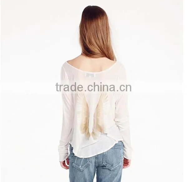 New design plus size round neck black and white loose bat sleeve casual clothes Wing printing t shirt blank t-shirt