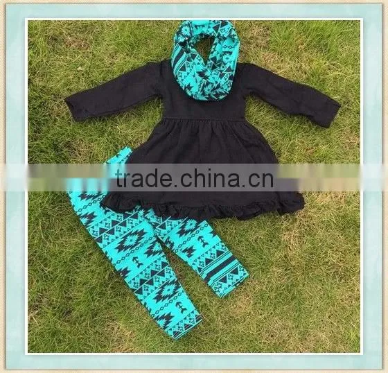 New fashion uae wholesale boutique childrens christmas clothes sets black decorative bule pant goods for children