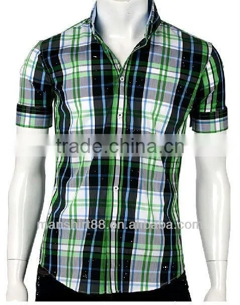 men slim fit basic short sleeve plaid casual shirt