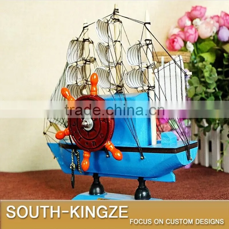 Navy Marine Blue/Yellow Color Wood Sailing Boat Display Model