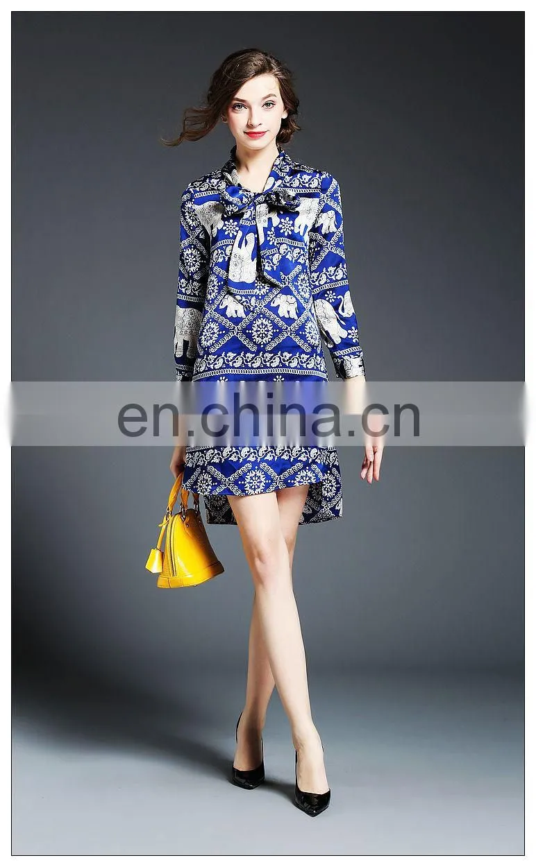 High quality ladies front short and back long tunic dress, print taffeta petite dress