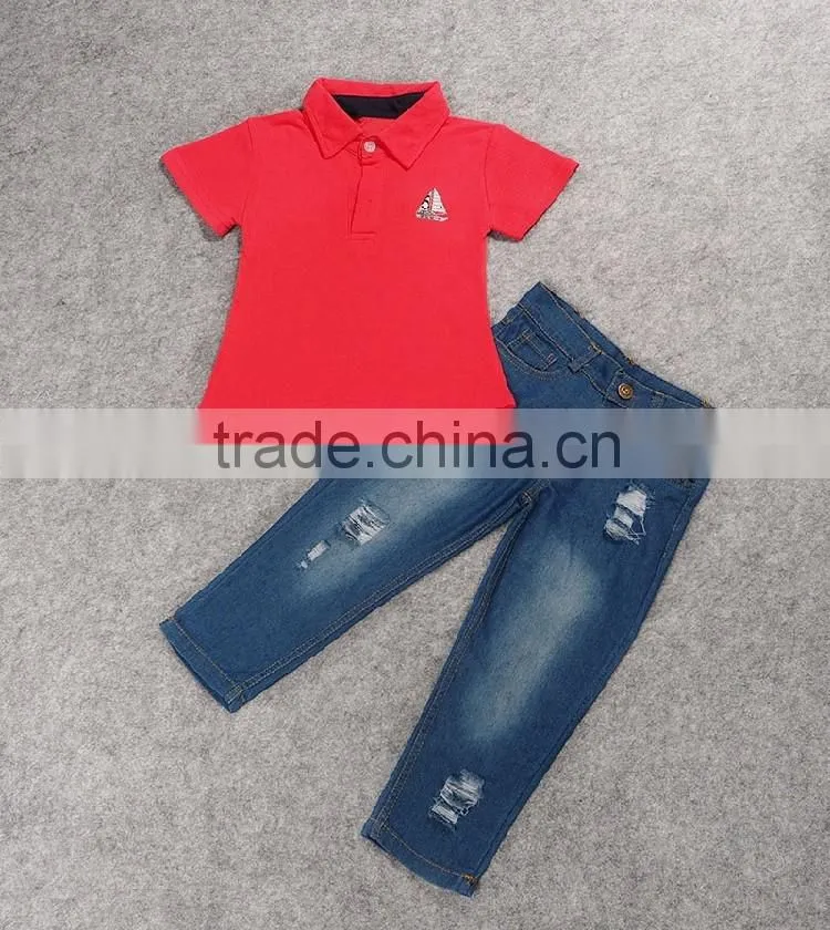 2016 New Arrival Fashion children clothing boy outfits handsome boy red cotton shirt+jean pants 2pcs suit set