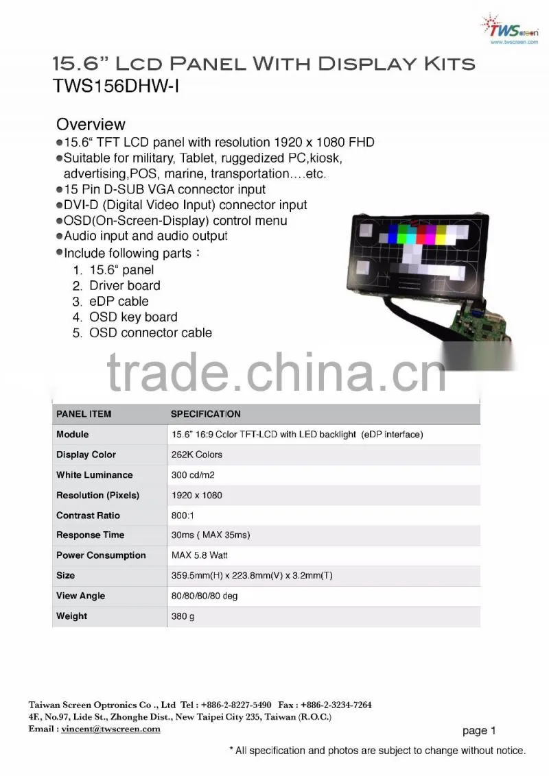 15.6- inch TFT Lcd Panel with Driver Board suitable for kiosk display