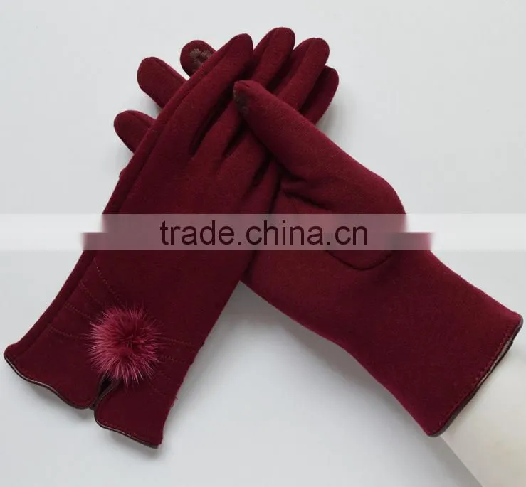 Wholesale Comfortable Winter Girls Rabbit Fur balls Cuff Thick Wool Gloves