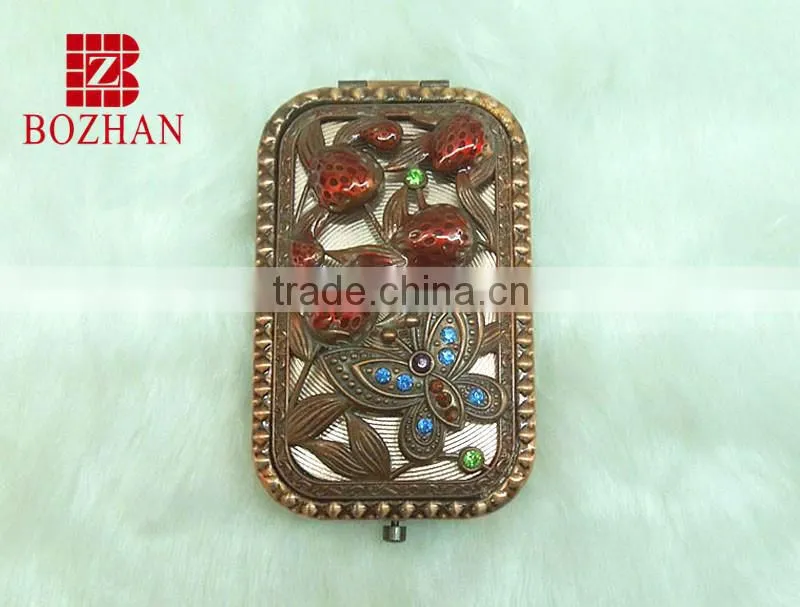 Butterfly rhinestone makeup mirror/red bronze pocket mirror/butterfly rhinestone cosmetic mirror