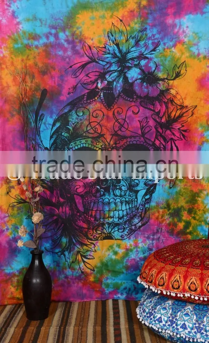 Hippie Twin Skull Tie & Dye Wall Art Boho Cotton Wall Hanging Home Decor Tapestry