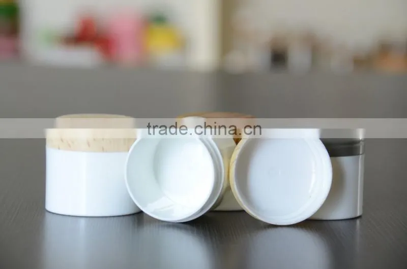 white color PP jar cream jar with bamboo cap 50g 100g cosmetic jar with wood cap