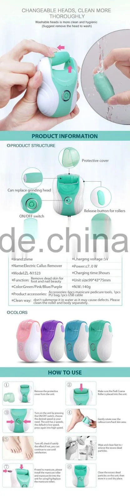 Rechargeable foot file callus remover with crystal diamond roll with nail polisher