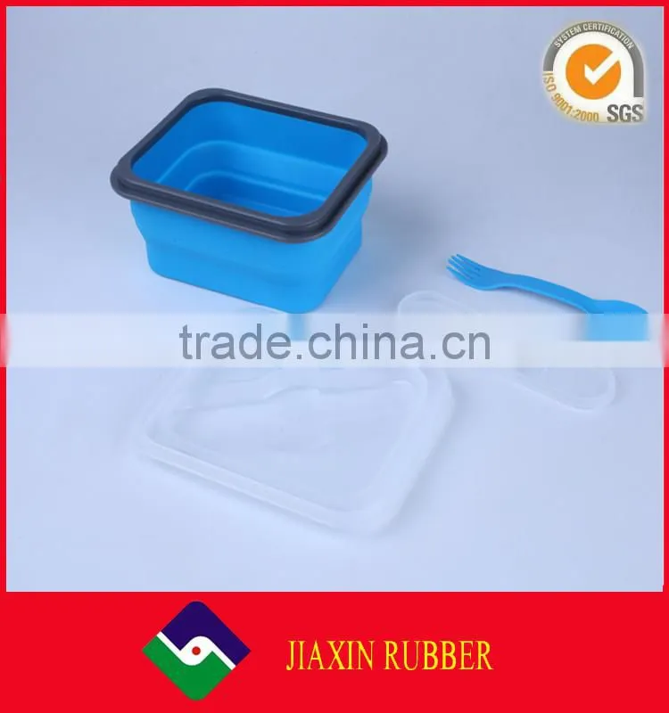 Wholesale square shape foldable silicone lunch containers custom design lunch box with fork and spoon for save kitchen space