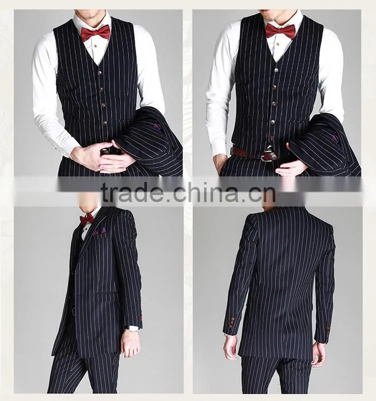 2017 latest design 3 pieces suits with long blazer waistcoat and pants dark blue stripe suite made in china