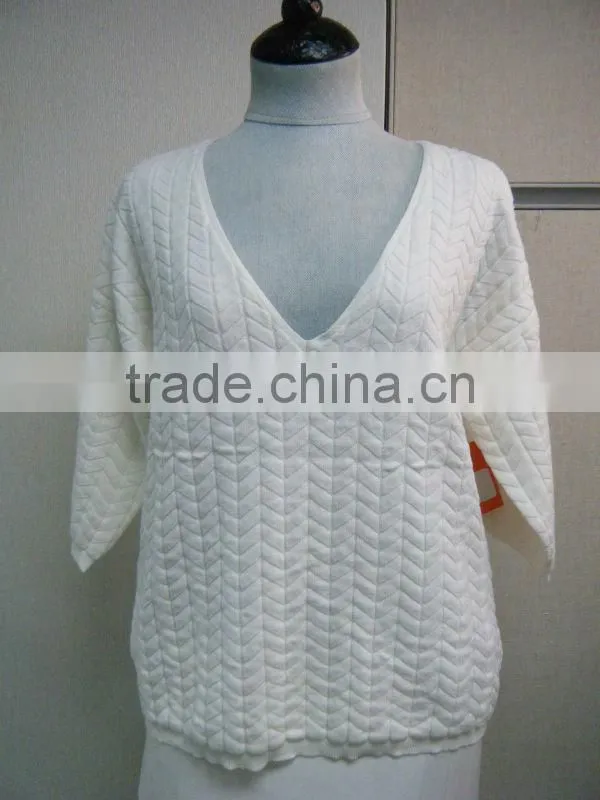 high fashion women's half sleeve V-neck white sweater