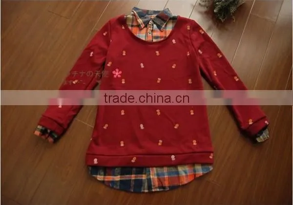 Spring and autumn lovely printed fake 2pcs long sleeve blouse designs fashion women plaid shirt