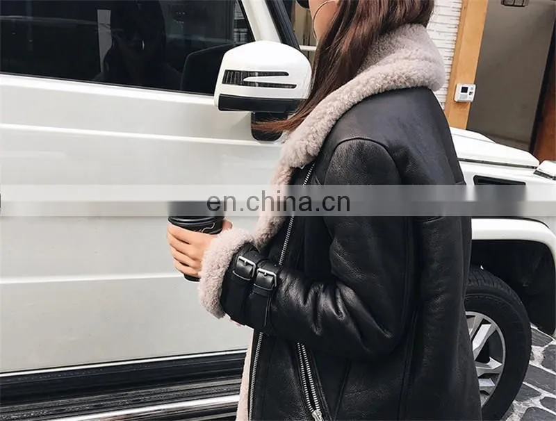 Fashion Handmade Sheepskin Double Faced Leather Jacket Ladies Winter Jacket