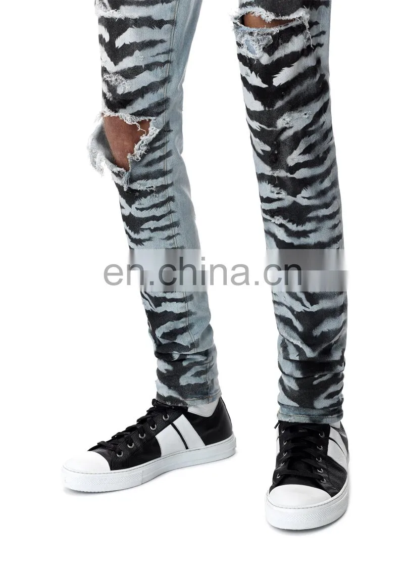 DiZNEW Tiger Pattern Destruction Skinny Denim Jeans Men for Male