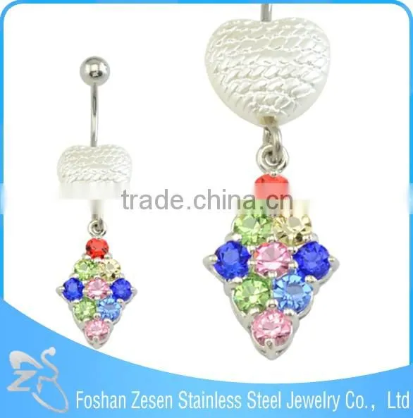 BR01820 medical steel fake shell dangle multi-colour gems flat navel belly rings