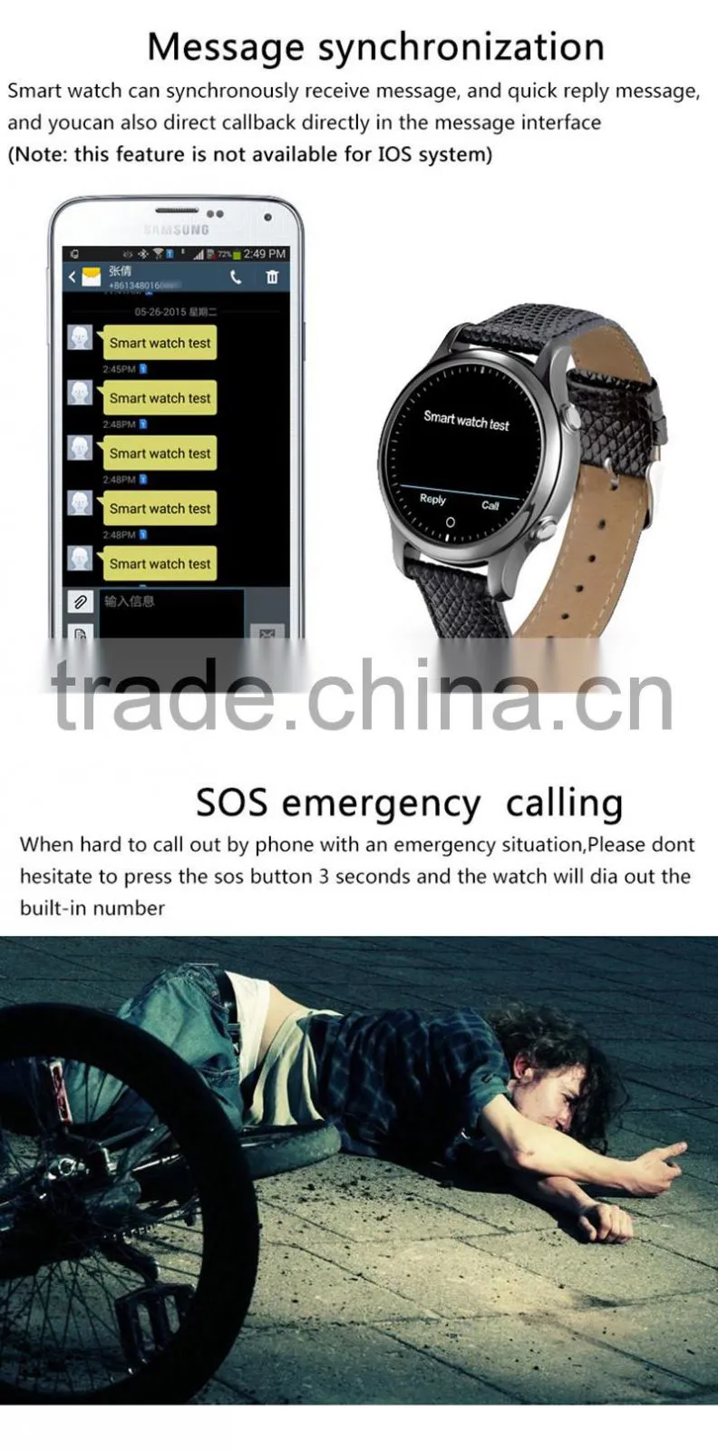 Bluetooth 4.0 IOS&Android Round Smart Watch S360 reloj inteligente with SOS / G-sensor