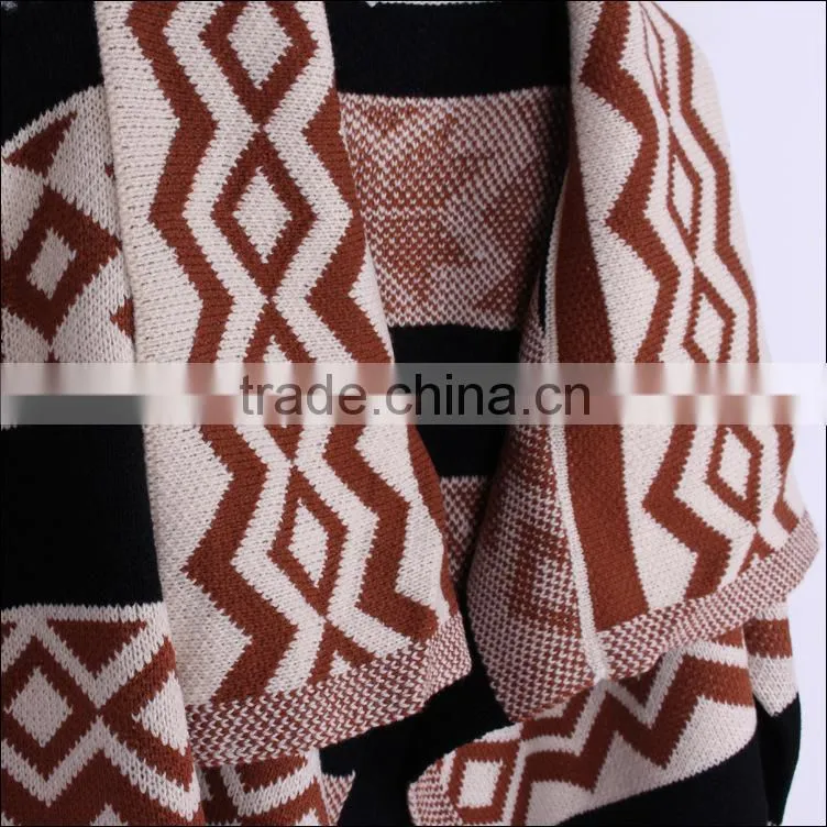 2014 the most latest high quality Glamorous European and American show cardigan geometric pattern jacquard long cape coat