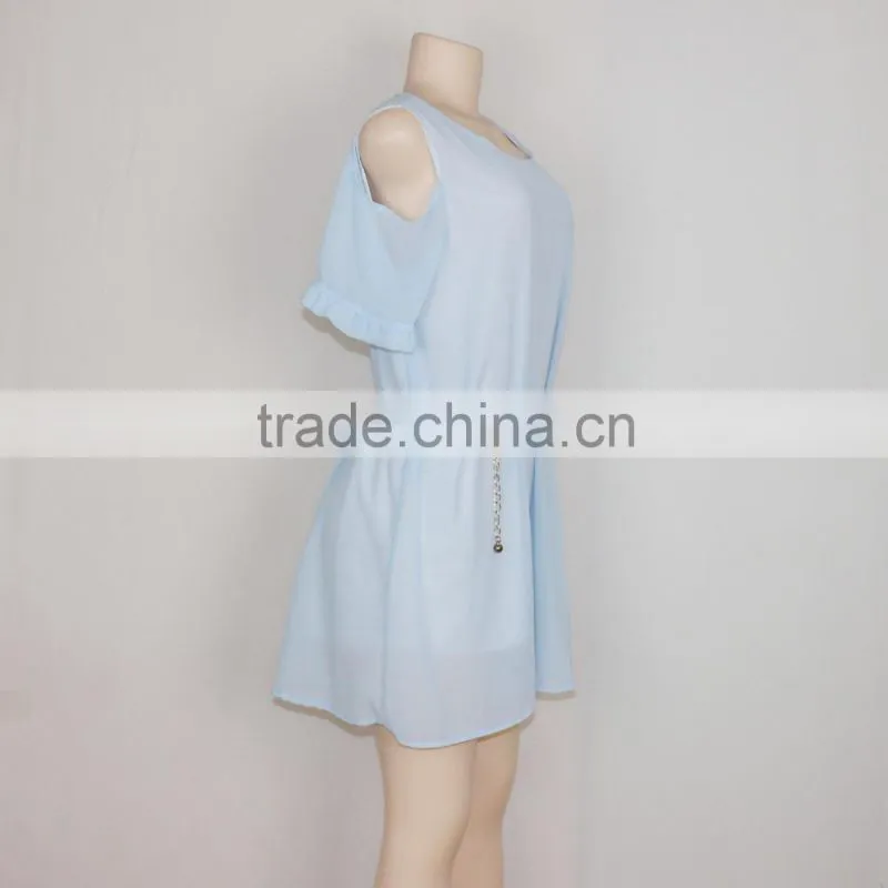 New Fashion Short Sleeve Women Sexy Blue Chiffon Dress Casual Dress 2016