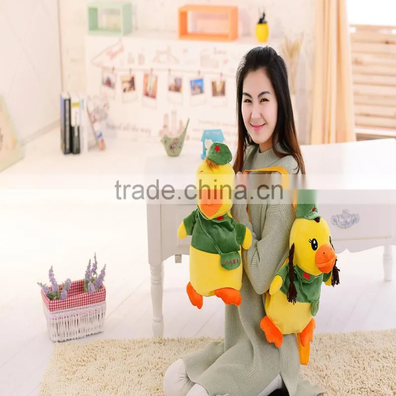 30cm lovely customized yellow stuffed plush strawberry duck doll animal backpack with strawberry-printed T-shirt