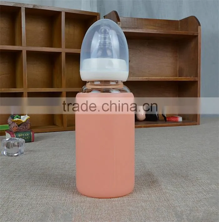 High quality cute baby feeding bottle,food grade BPA free baby feeding bottle,silicone glass milk bottle for baby feeding