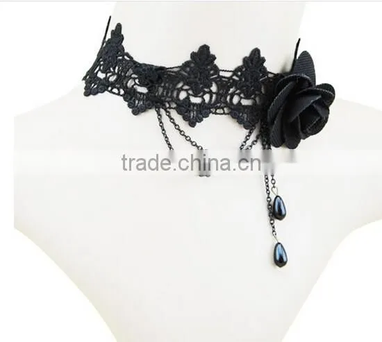 Women 2016 Gothic Handmade Chain Black Flower Lace Choker Collar Chunky Necklace