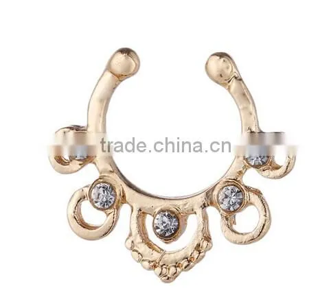 Crystal Gems Clip On Fake Septum Clicker Non Piercing Nose Ring Hoop