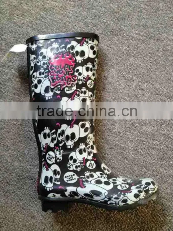 Skull print cool ladies hot sales cheap fancy rubber rain boots