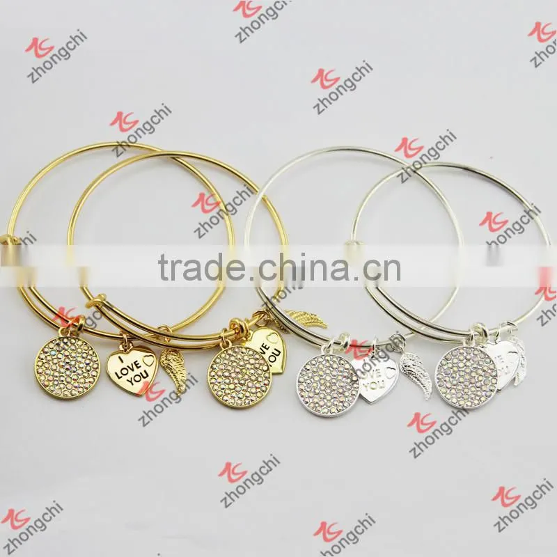 Real Gold Angel wings/Crystal Charms Bracelet, Copper Wire Bangles Wholesale