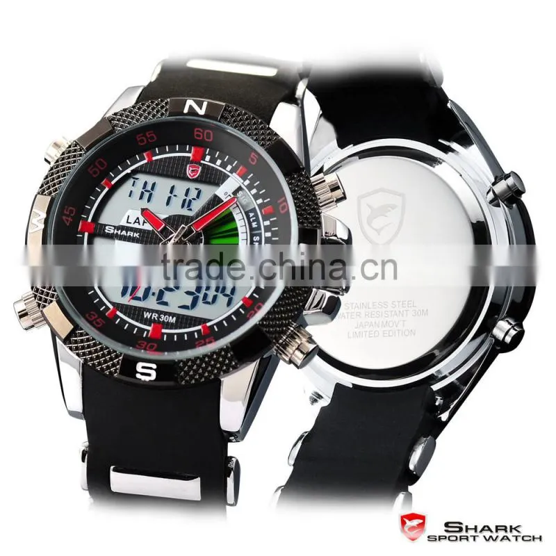 Shark Analog Digital Quatrz LCD Day Date Rubber Band Men LED Wrist Watch