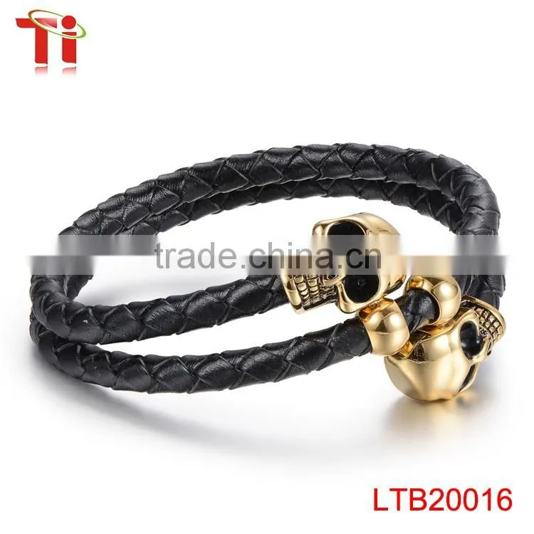 wholesale 2016men's genuine braided leather bracelet, 316L stainless steel jewelry bracelet, charm skull bracelet jewelry making