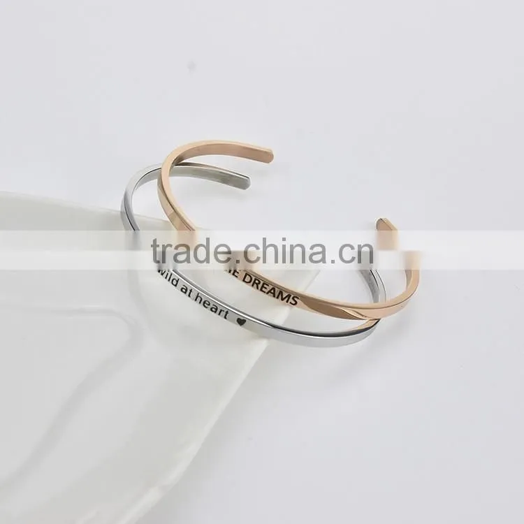 Simple Thin Stainless Steel Hand Stamped Message Bangle Bracelet "wild at heart"