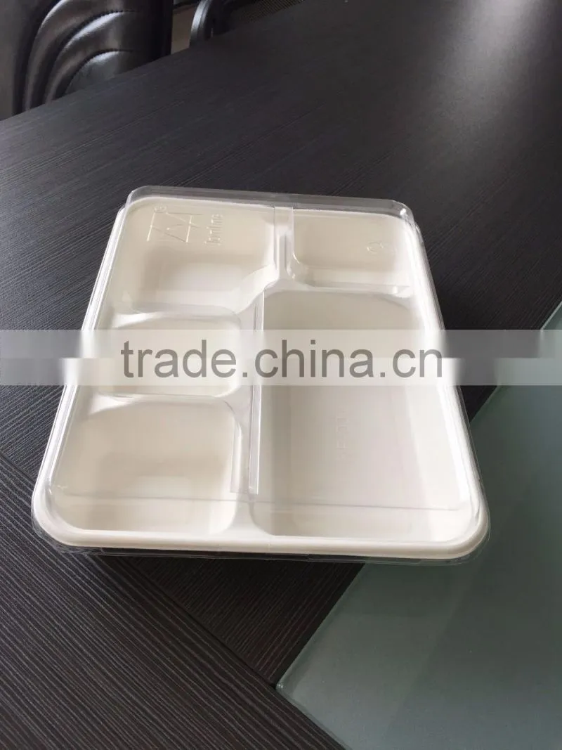 Sugarcane bagasse 5-compartment food container with PET lids