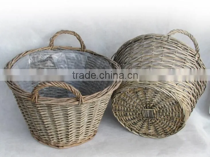 100%Handmade plastic lined grey wicker baskets for plants wicker flower plant pot