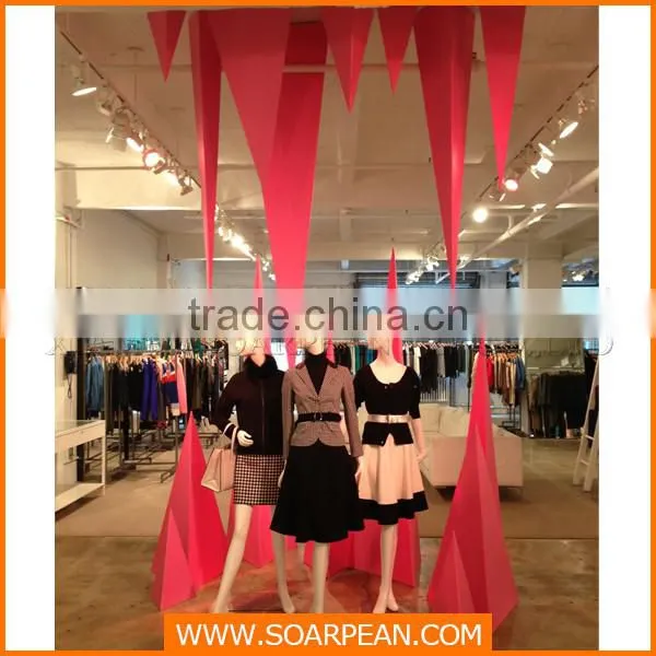 Wooden triangle designs for retail shop visual display