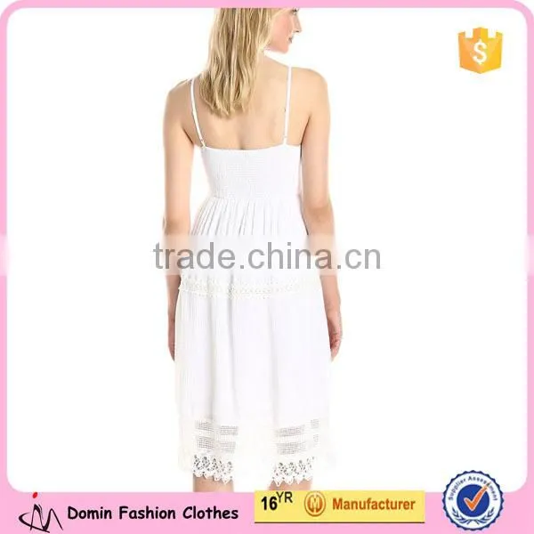 Women's Sweetheart Neckline and Crochet Insets Strappy Embroidered Cutwork Hem Midi Dress