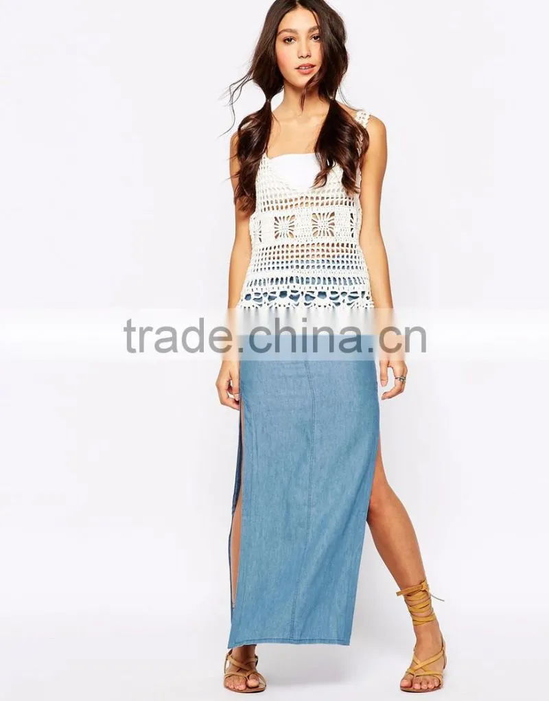 100% Cotton high rise split sides ladies long denim skirts for women 2015
