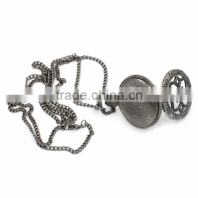 Cheap Gunmetal Chain Hollow Round Quartz Pocket Watch Necklace
