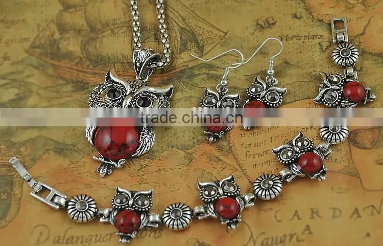 Top Green Red Blue Turquoise CZ Owl Necklace Bracelet Earrings Vintage Silver Jewelry Set