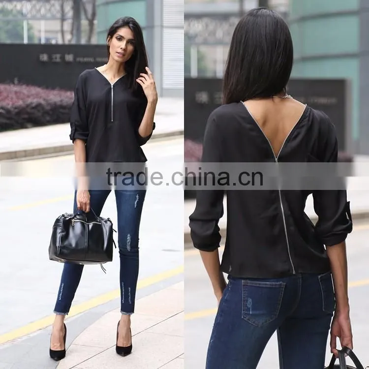 Fashionable women knitted zipper t shirt top with 7/8 sleeve